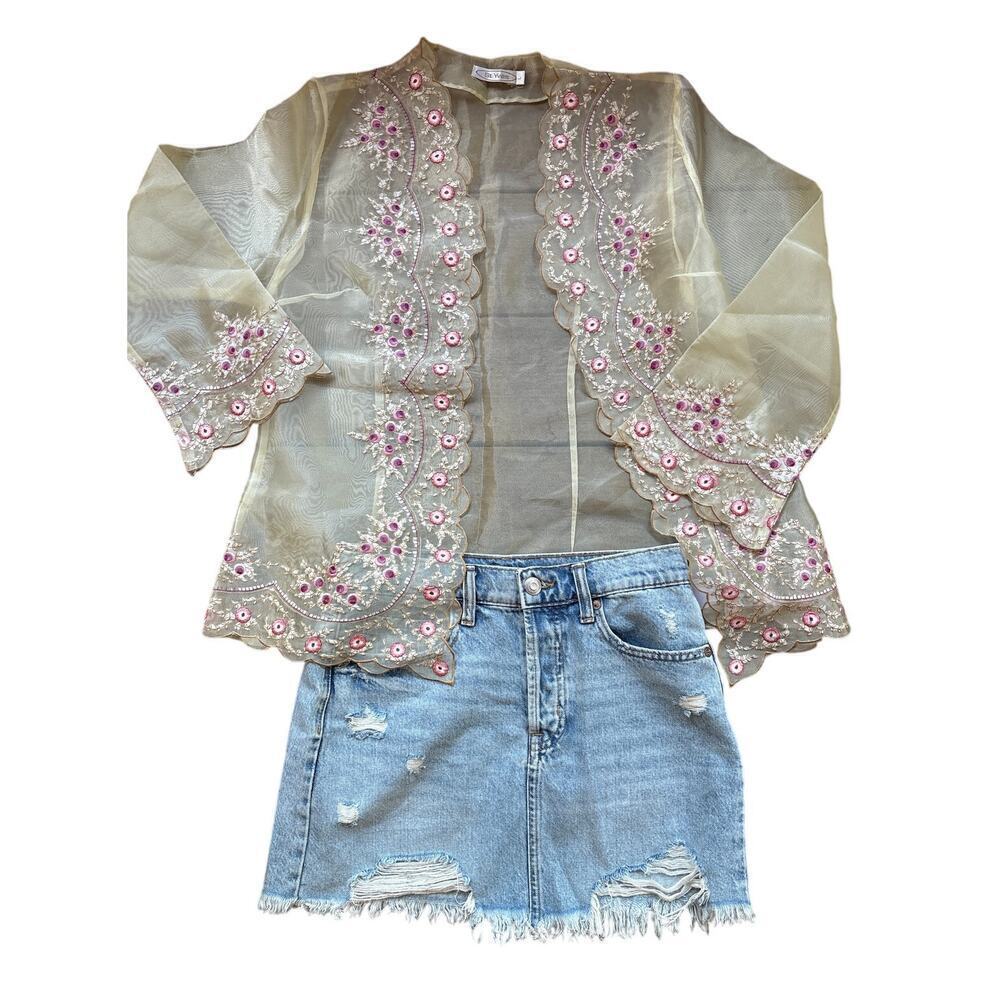 Vintage St. Yves Sheer Embroidered Mesh Blouse M/L Floral Festival Top